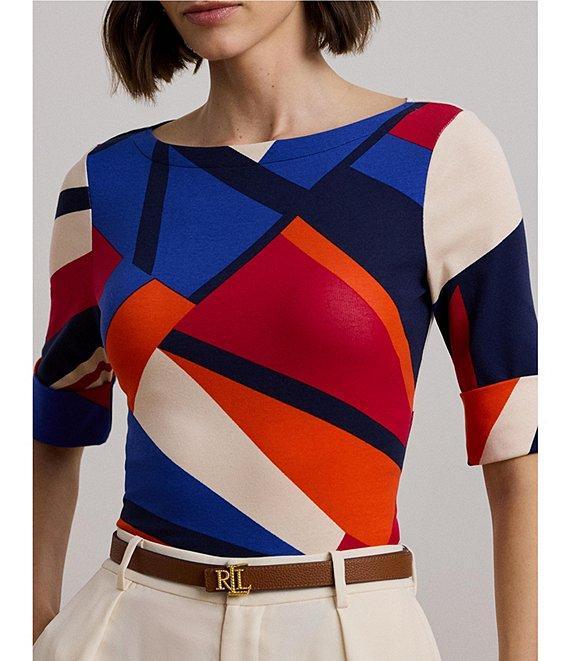 Lauren Ralph Lauren Petite Size Stretch Cotton Abstract Print Boat Neck Elbow Length Sleeve Top Product Image
