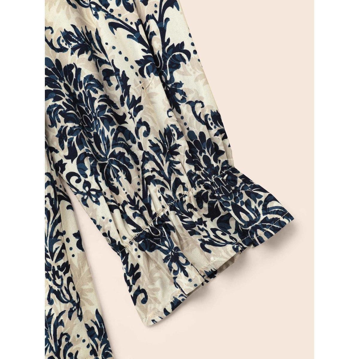 Plus Size Multicolor Boho Print Frill Trim Slit Hem Blouse Women Elegant Long Sleeve Notched collar Everyday Blouses BloomChic 10/M Product Image