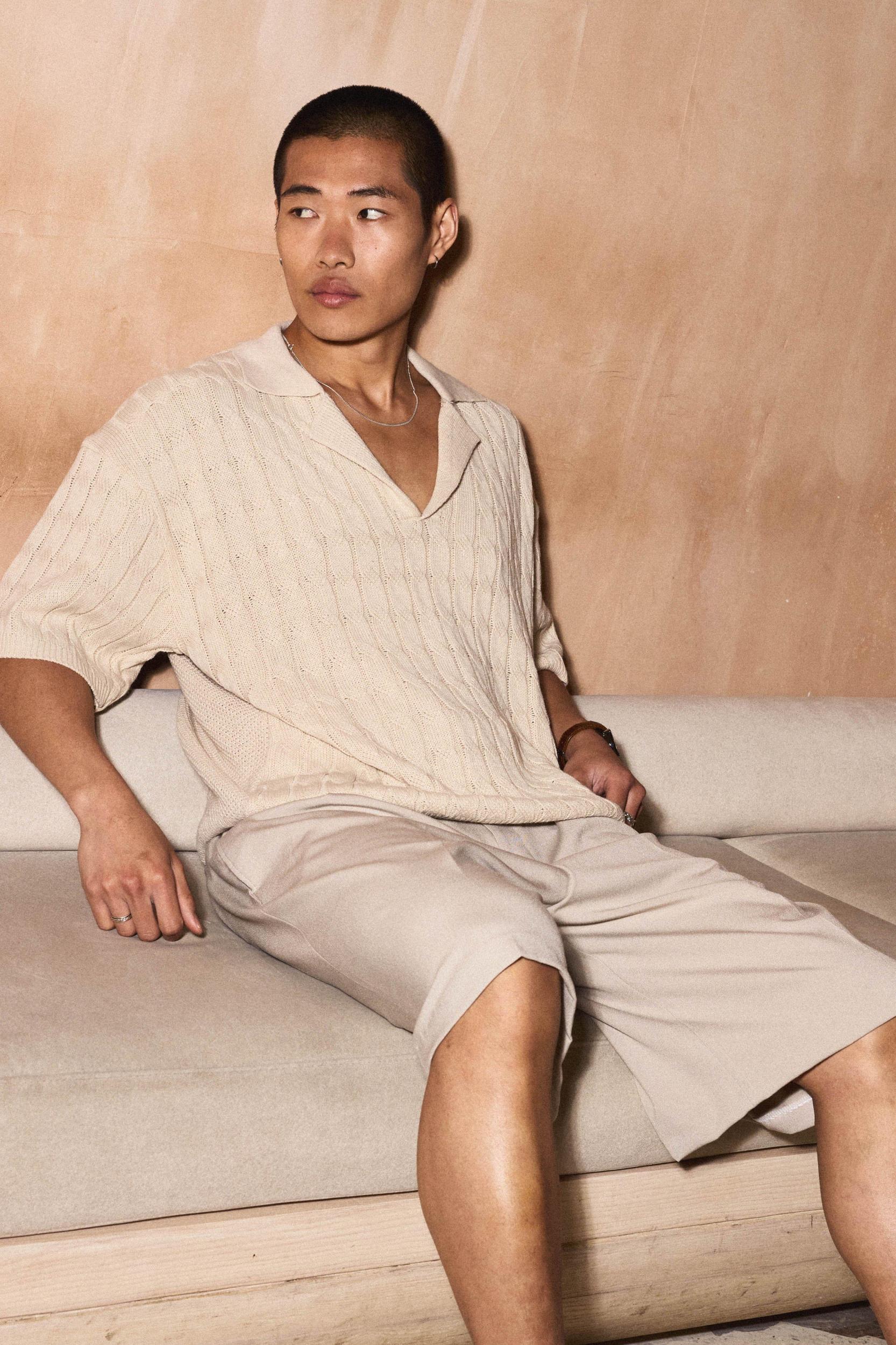 Oversized Boxy Revere Collar Twisted Cable Knitted Polo | boohooMAN USA Product Image