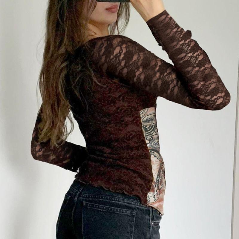 Long-Sleeve V-Neck Print Crop Top Product Image
