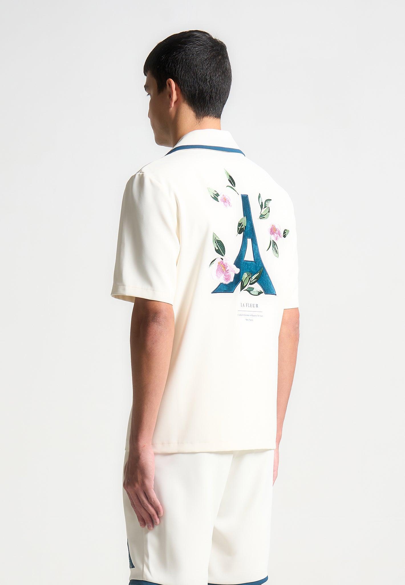 Velvet Eiffel Bowling Shirt - Cream/Blue Male Product Image