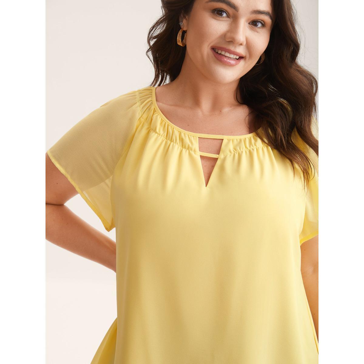 Plus Size Lightyellow Sheer Lined Neck Cut-Out Blouse Women Cap Sleeve Boat Neck Everyday-Elegant Blouses BloomChic 10/M Product Image