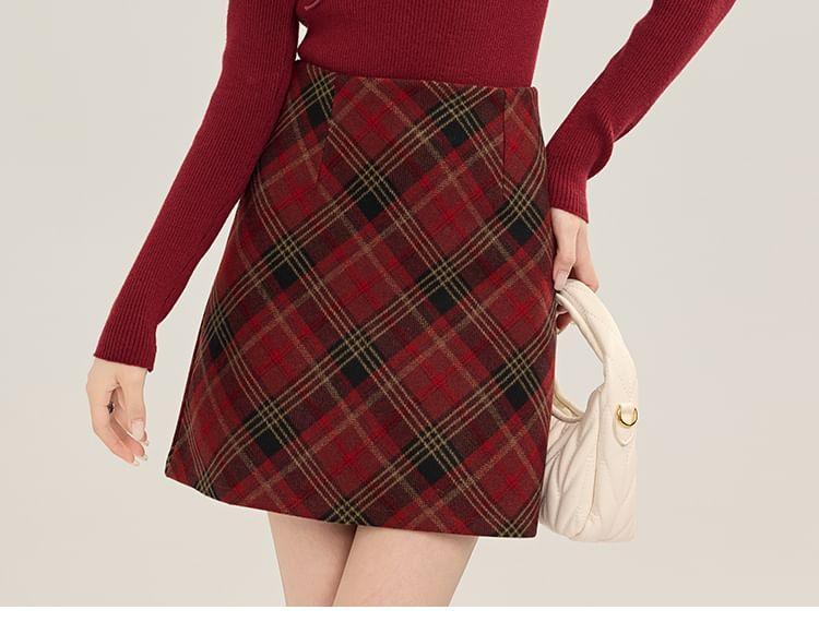 Long-Sleeve Square Neck Plain Knit Top / Plaid Mini Skirt Product Image