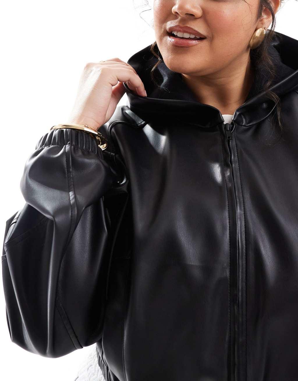ASOS DESIGN Curve PU cropped zip through hoodie in black Product Image