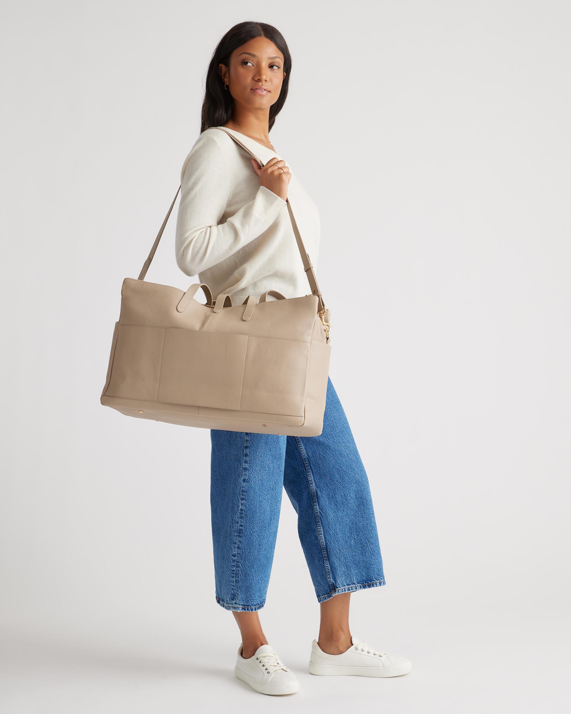 Quince | Women's Italian Leather Triple Compartment Weekender in Taupe Product Image