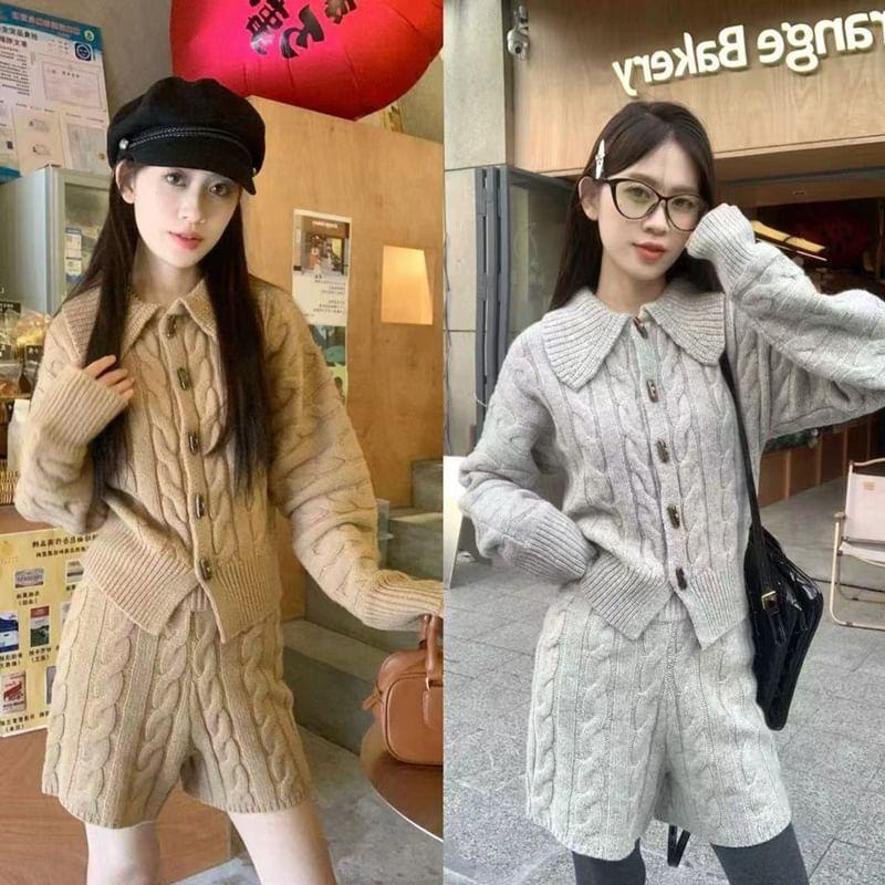 Set: Plain Collared Button-Up Cable Knit Cardigan + High Waist Shorts Product Image