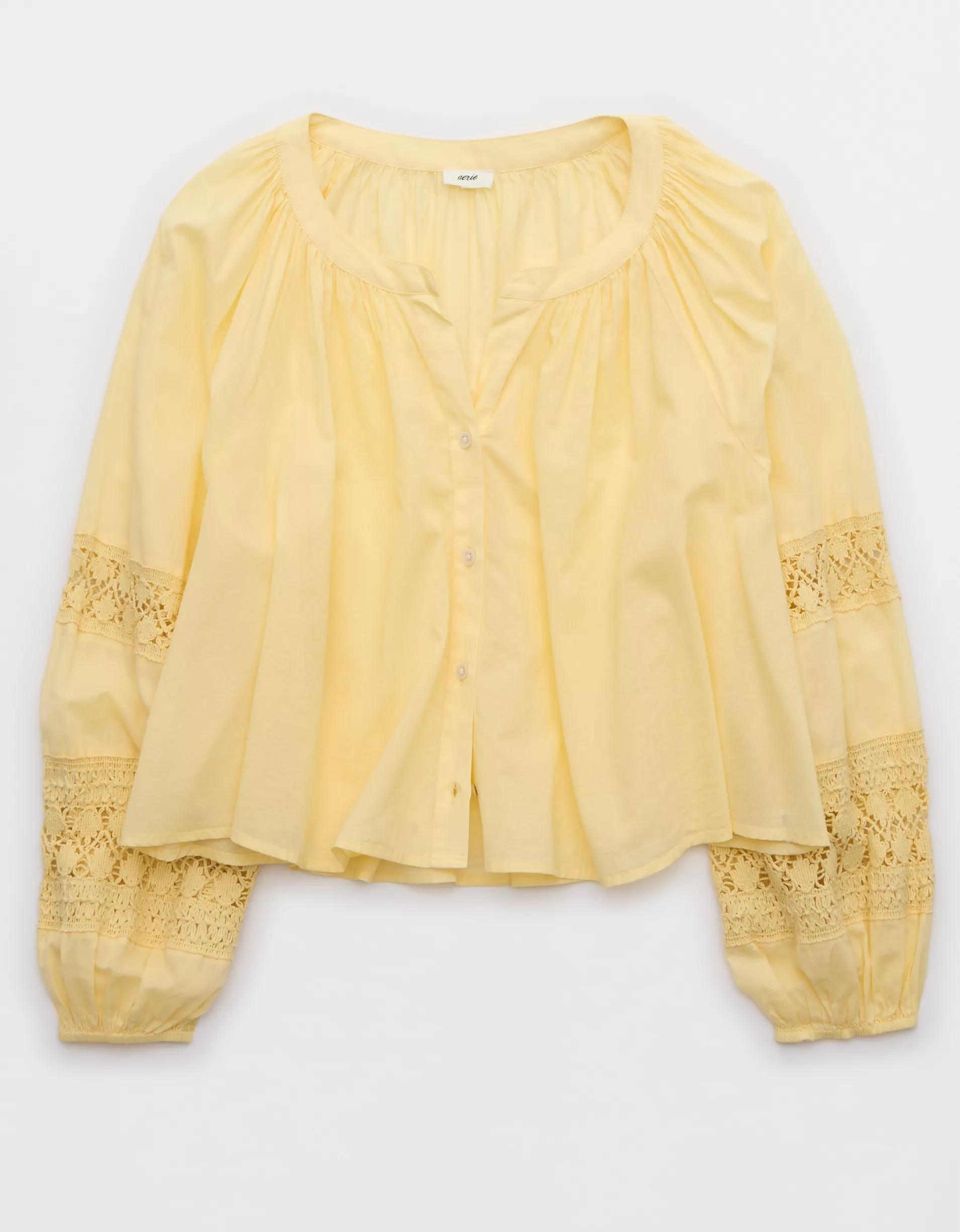 Aerie Long Sleeve Crochet Button Down Shirt Product Image