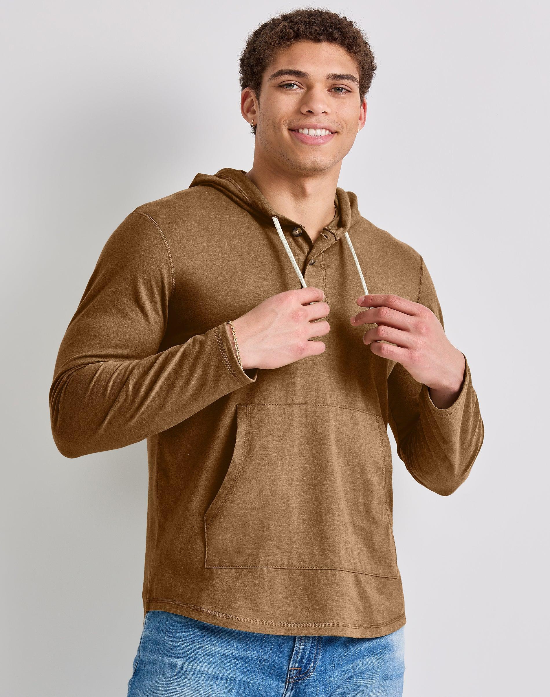Men's Hanes® Originals Cotton Henley Hoodie, Size: Small, Red River Clay Product Image