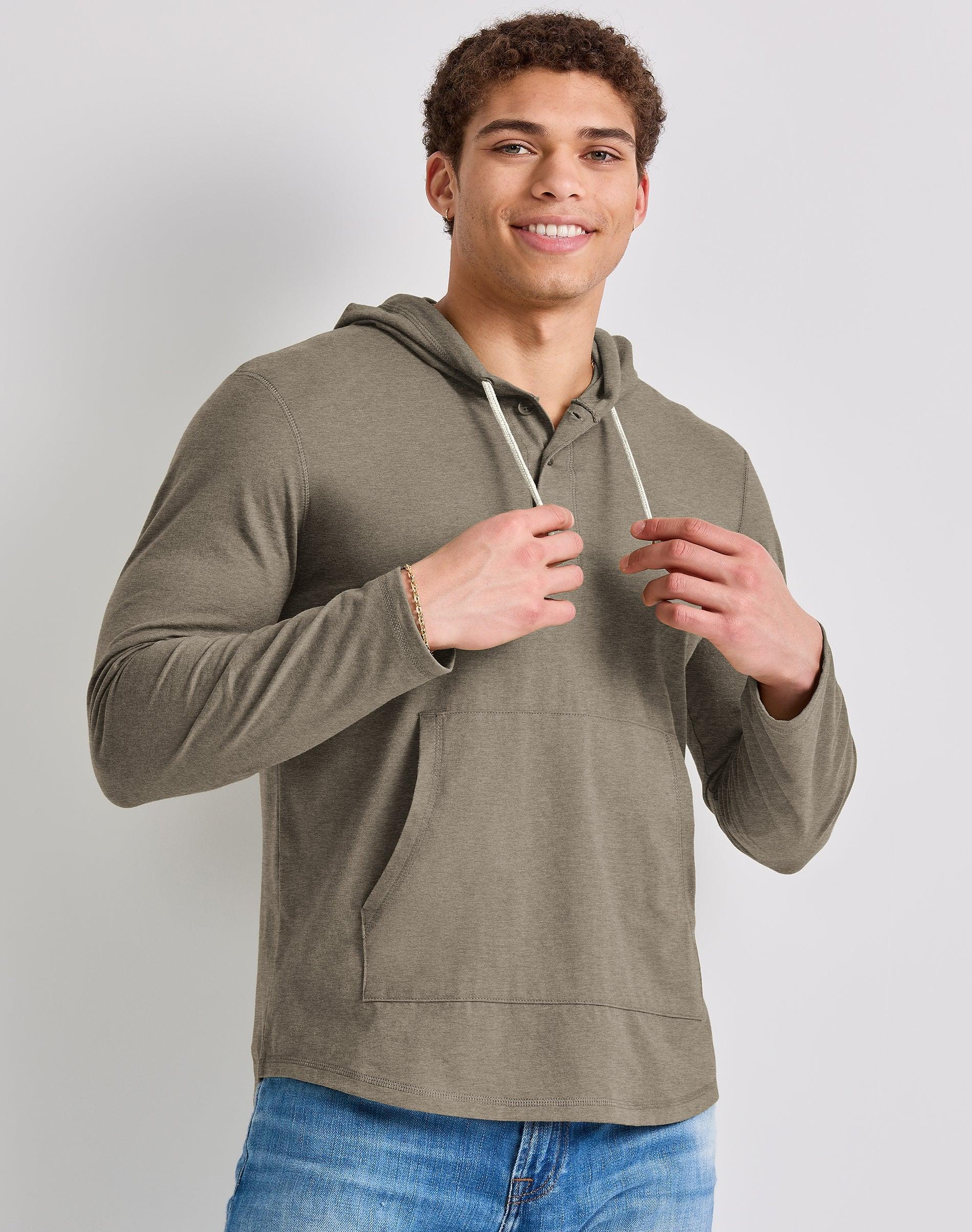 Men's Hanes® Originals Cotton Henley Hoodie, Size: Small, Red River Clay Product Image