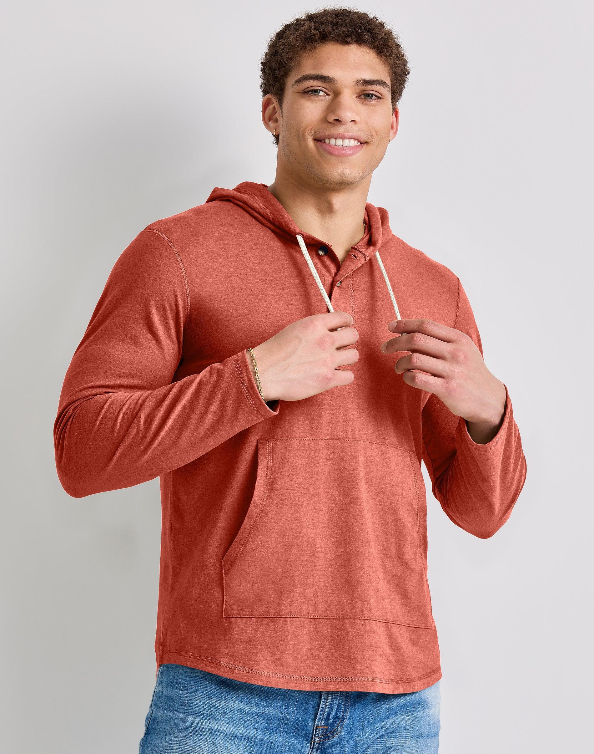 Men's Hanes® Originals Cotton Henley Hoodie, Size: Small, Red River Clay Product Image