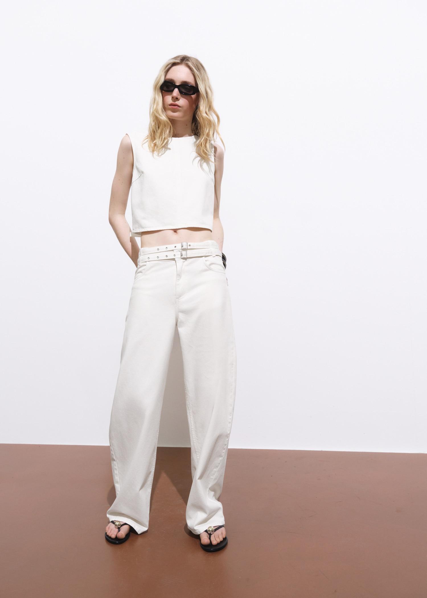 Denim crop top with buckle closure - Women | MANGO USA Product Image