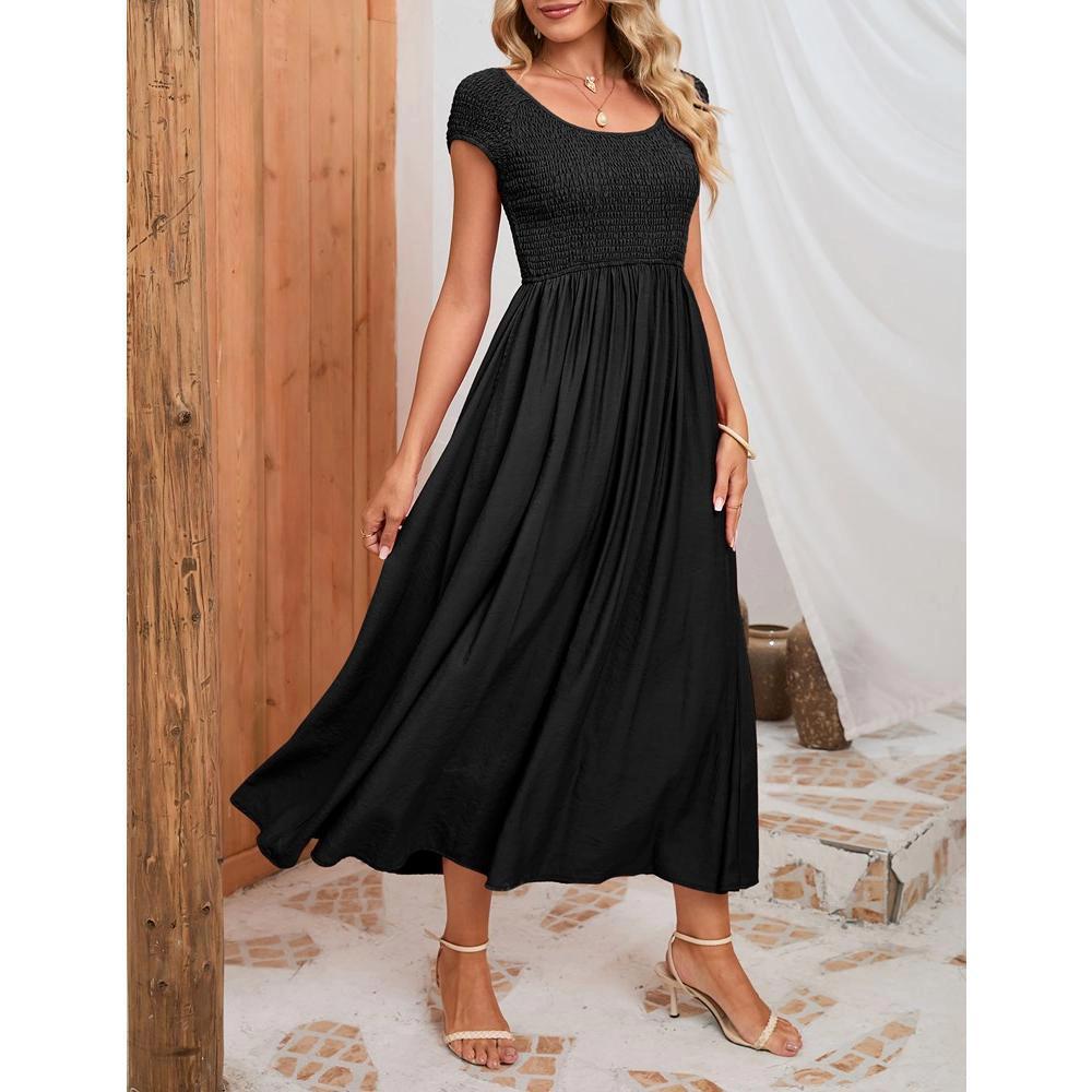 Whizmax Women's Summer Dress Casual Round Neck Short Sleeve Smocked High Waist Maxi Dress with Pockets Product Image
