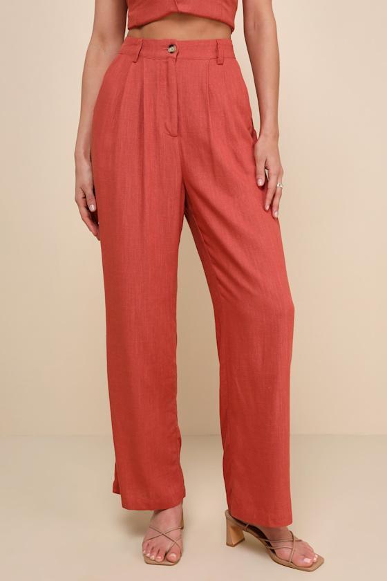 Relaxed Darling Rust Linen High-Waisted Trouser Pants Product Image