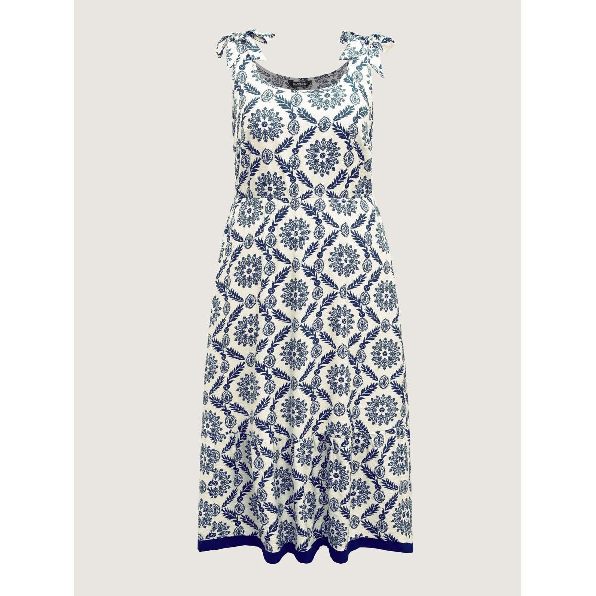 Plus Size Rayon Ornate Print Knotted Shoulder Dress WhiteSmoke Women Tie knot U-neck Sleeveless Curvy BloomChic 14-16/1X Product Image