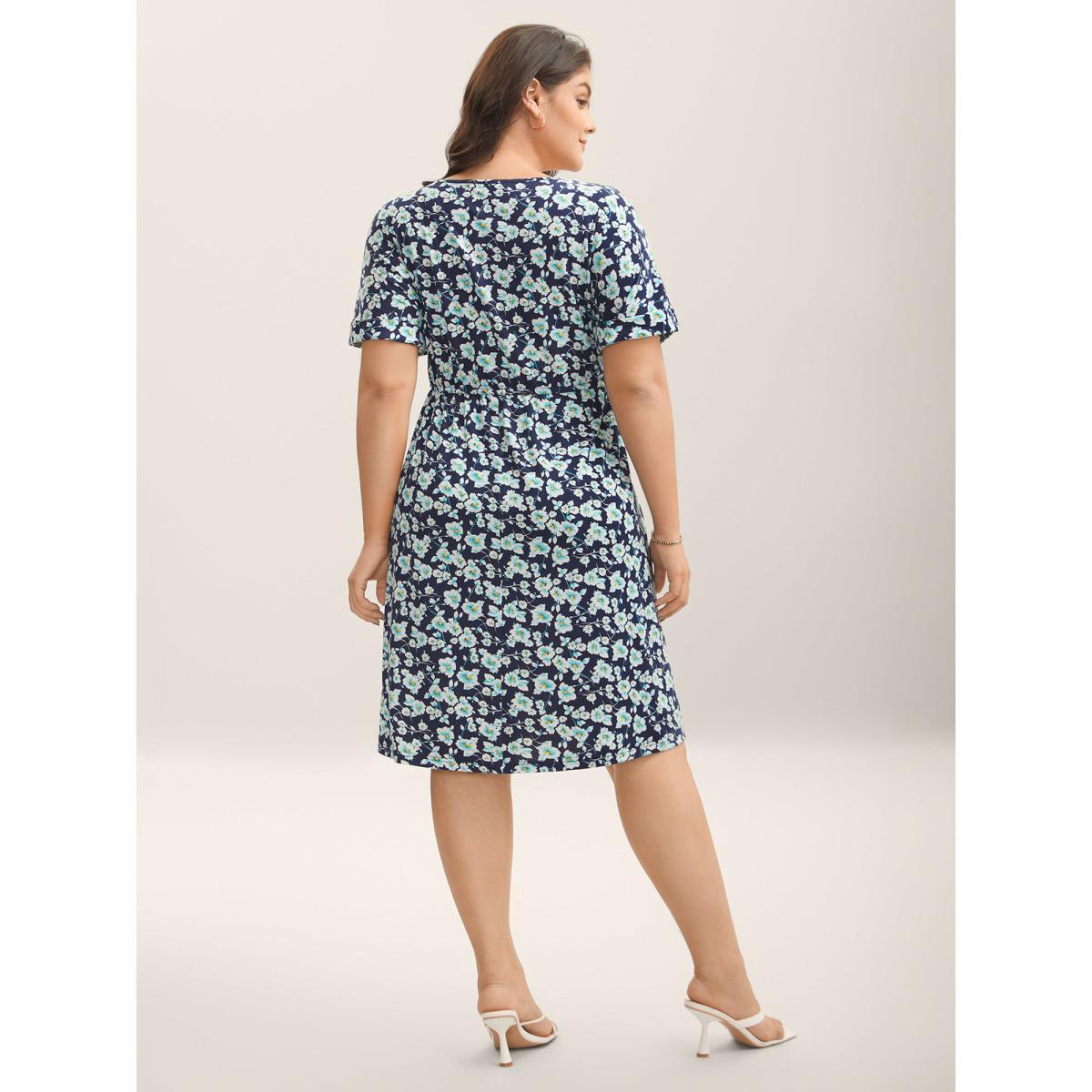 Plus Size Supersoft Ditsy Floral Waist-Tie Midi Dress Navy Women Round Neck Short sleeve Curvy BloomChic 12/L Product Image