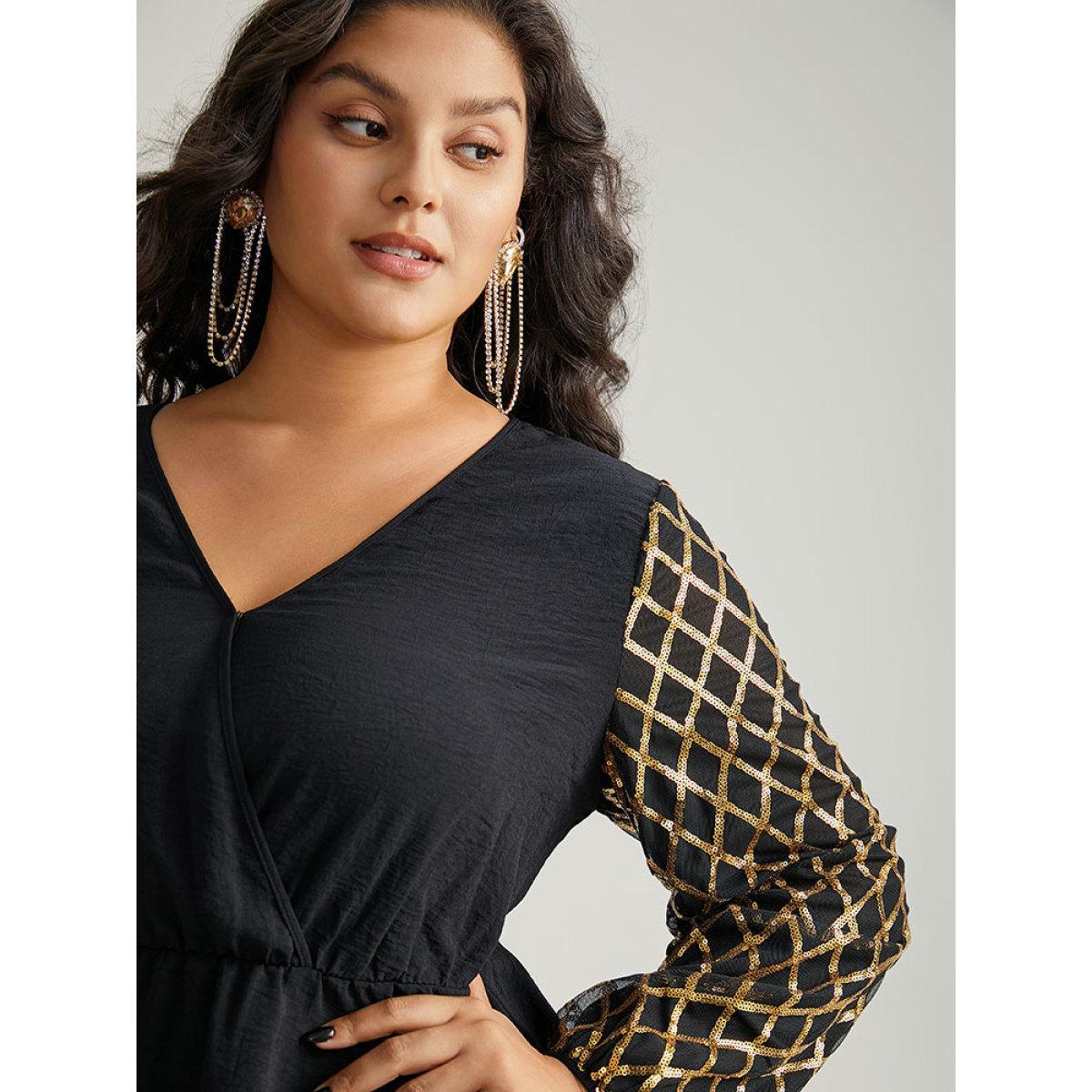 Plus Size Black Plaid Sequin Patchwork Wrap Blouse Women Glamour Long Sleeve Overlap Collar Festival-Christmas Blouses BloomChic 12/L Product Image