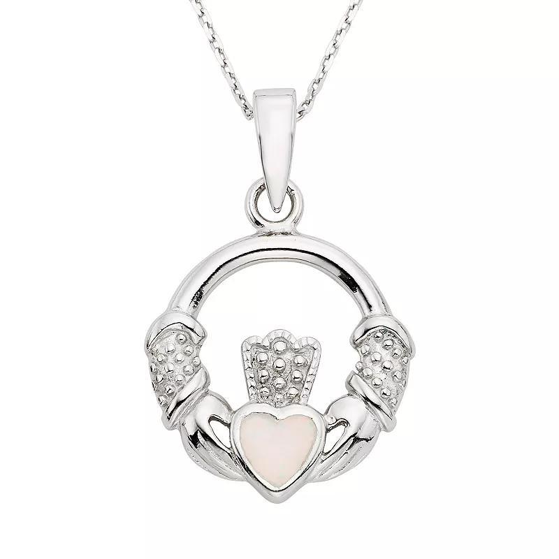 Lab-Created Opal Sterling Silver Claddagh Pendant Necklace, Women's, Size: 18", White Product Image