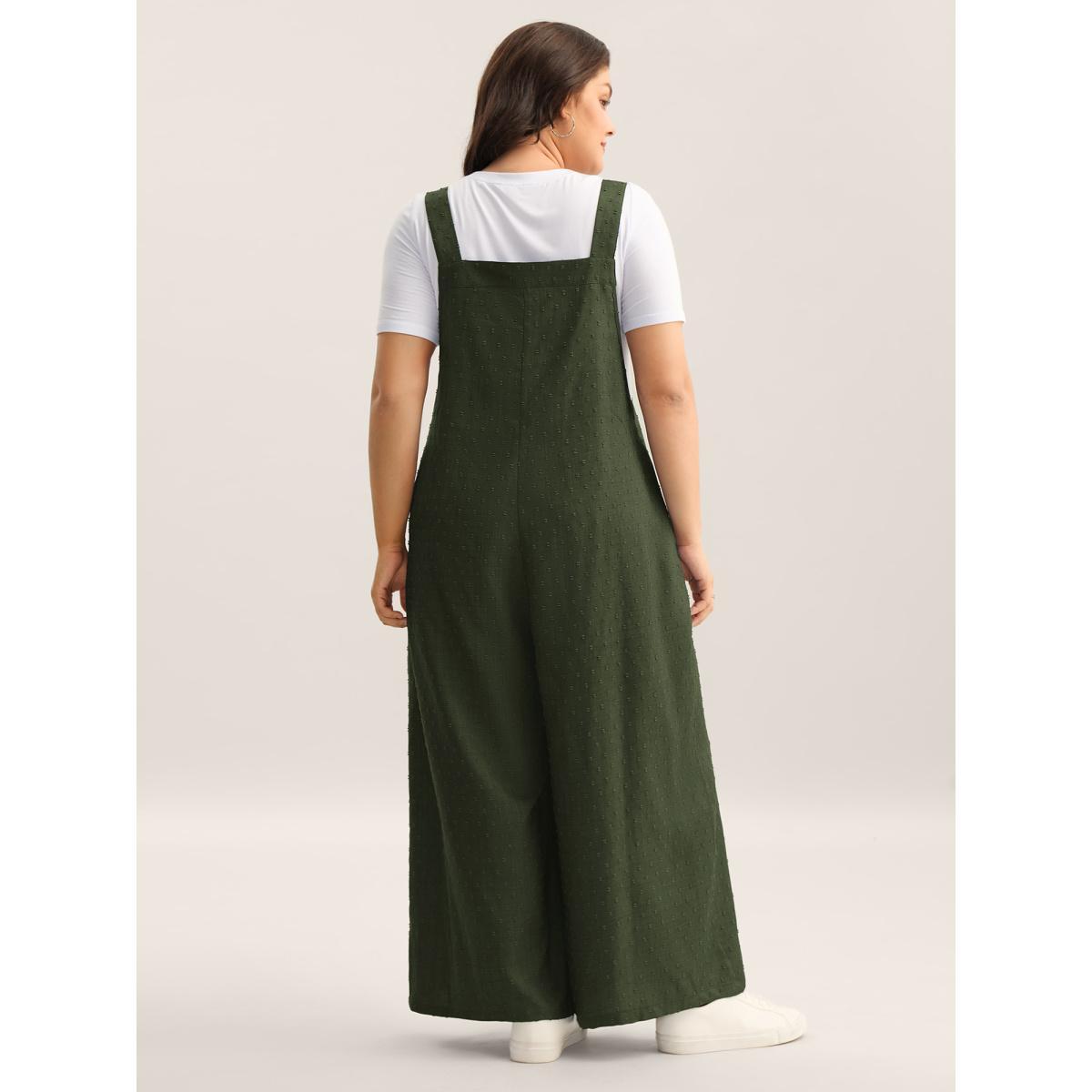 Plus Size ArmyGreen Textured Plicated Detail Overall Straps Jumpsuit Women Sleeveless Square Neck Everyday-Casual Loose Jumpsuits BloomChic 28/5X Product Image