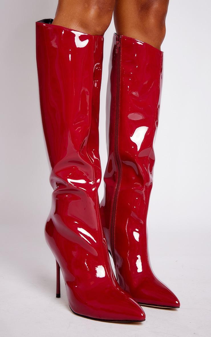 Cherry Red Point Toe Patent PU Angled Edge Knee High Heeled Boots Product Image