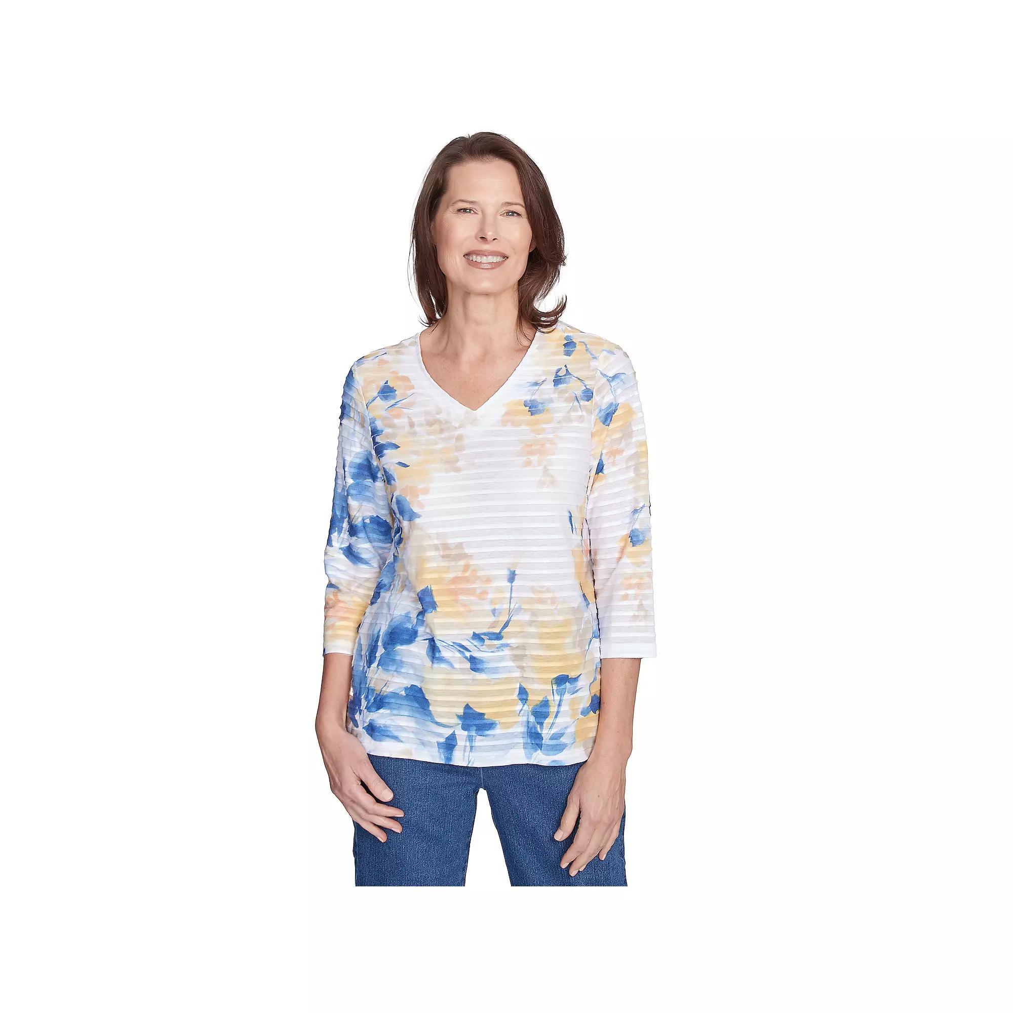 Women's Alfred Dunner Floral Textured V-Neck Top, Size: Large, Blue Team Product Image