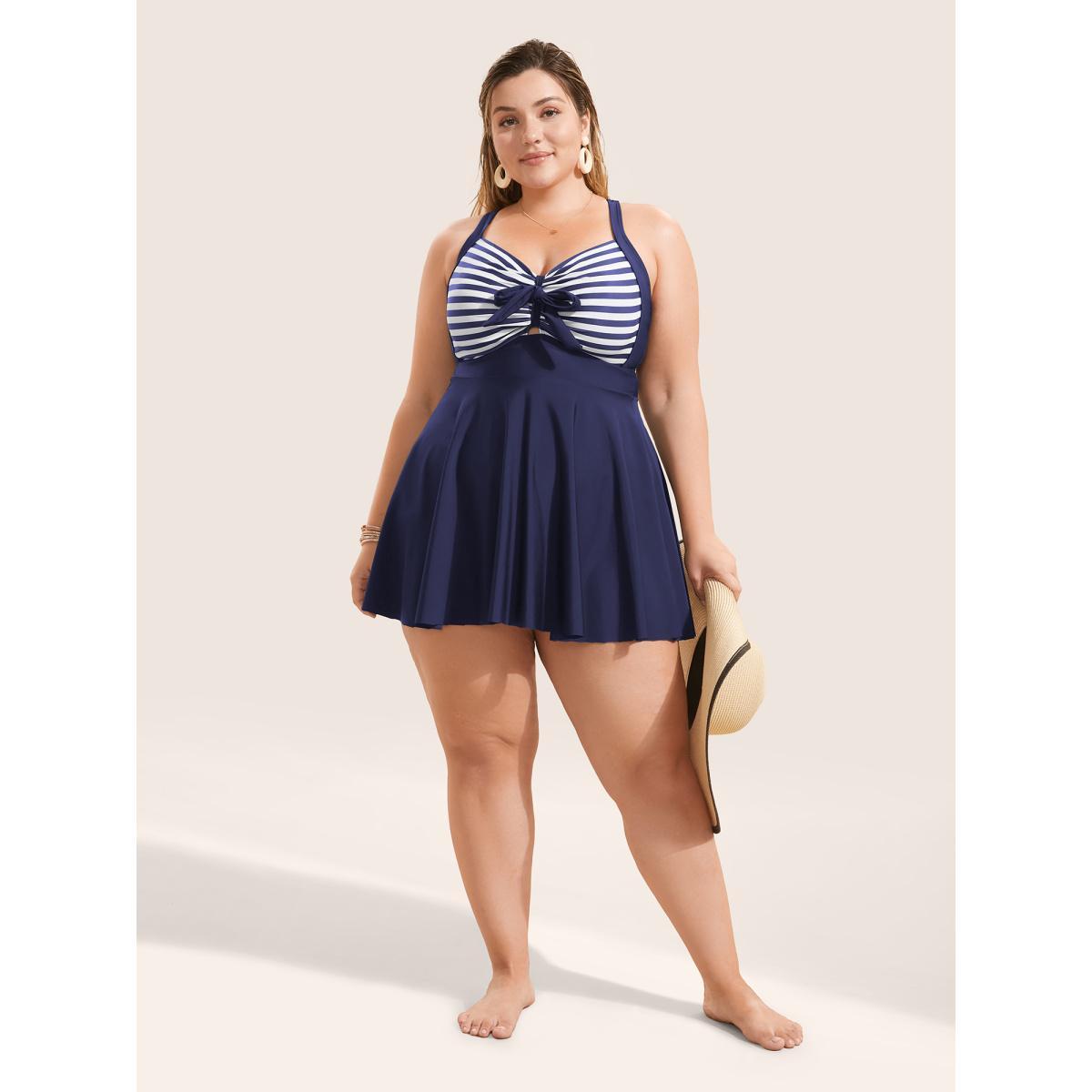 Plus Size Stripes Patchwork Tie Knot Cross Straps Swim Dress Women's Swimwear Indigo Beach Bodycon Heart neckline High stretch Curve Swim Dresses BloomChic 22-24/3X Product Image