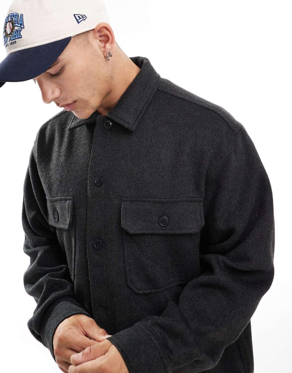Jack & Jones heavy brushed twill overshirt in dark gray  Product Image