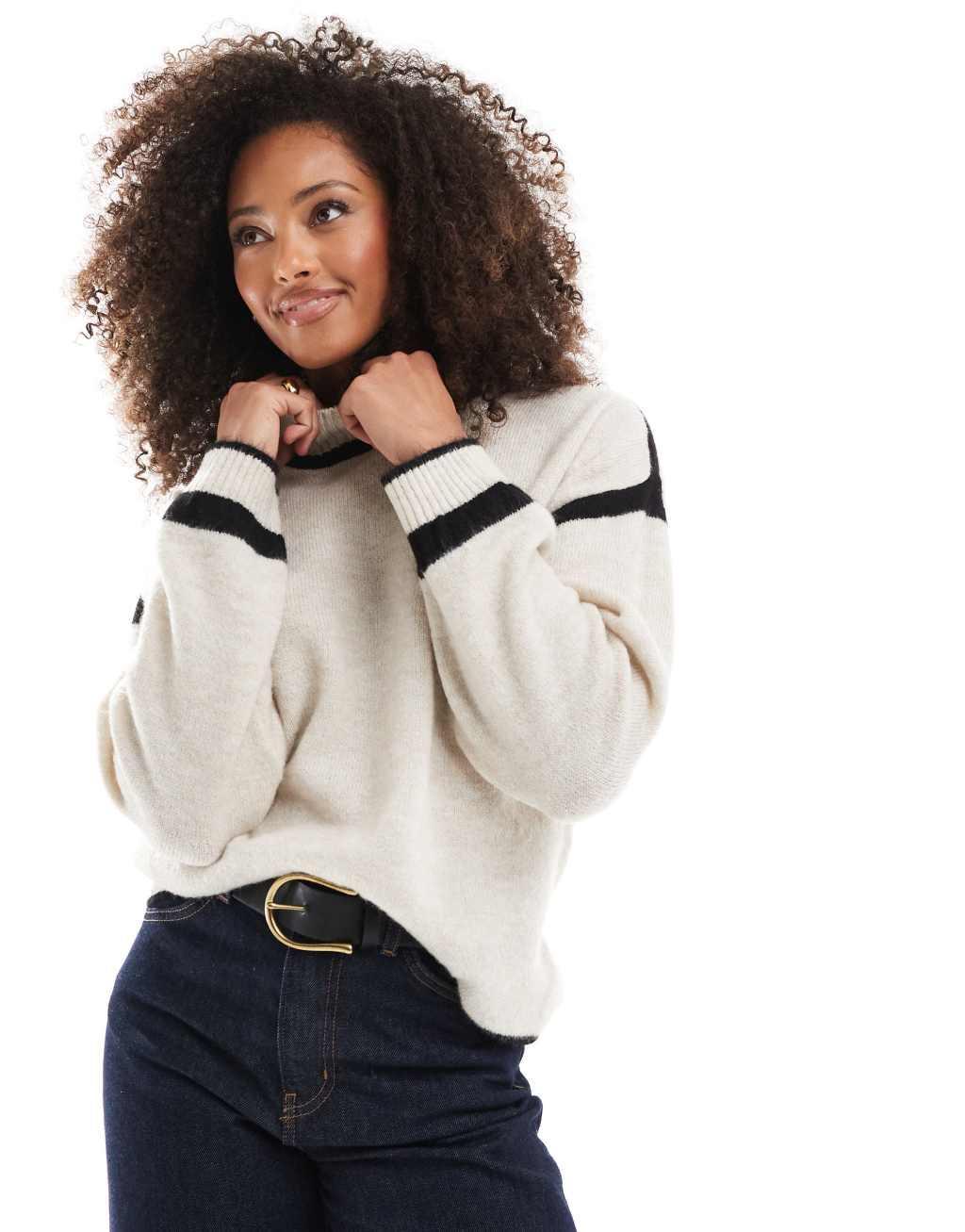 ASOS DESIGN knit sweater with contrast seams in oatmeal Product Image