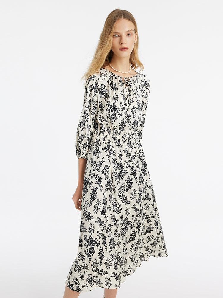 Camellia Print Gathered Waist Women Midi Dress Product Image