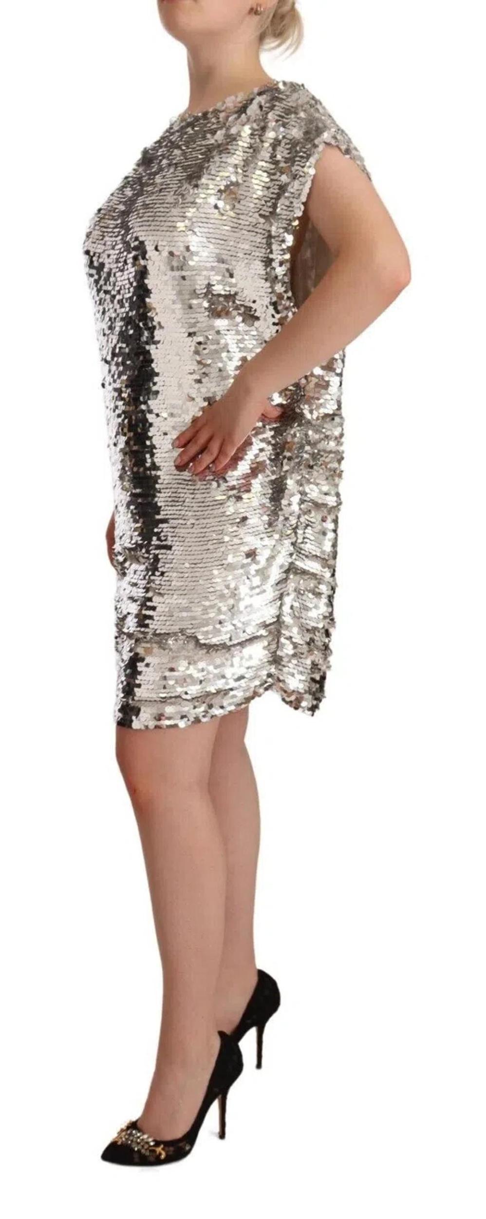MSGM Silver Sequined Polyester Short Sleeves Shift Mini Dress Product Image
