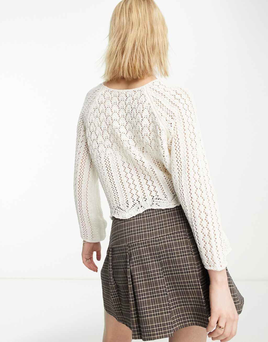 ONLY crochet cropped wide sleeve sweater in white Product Image