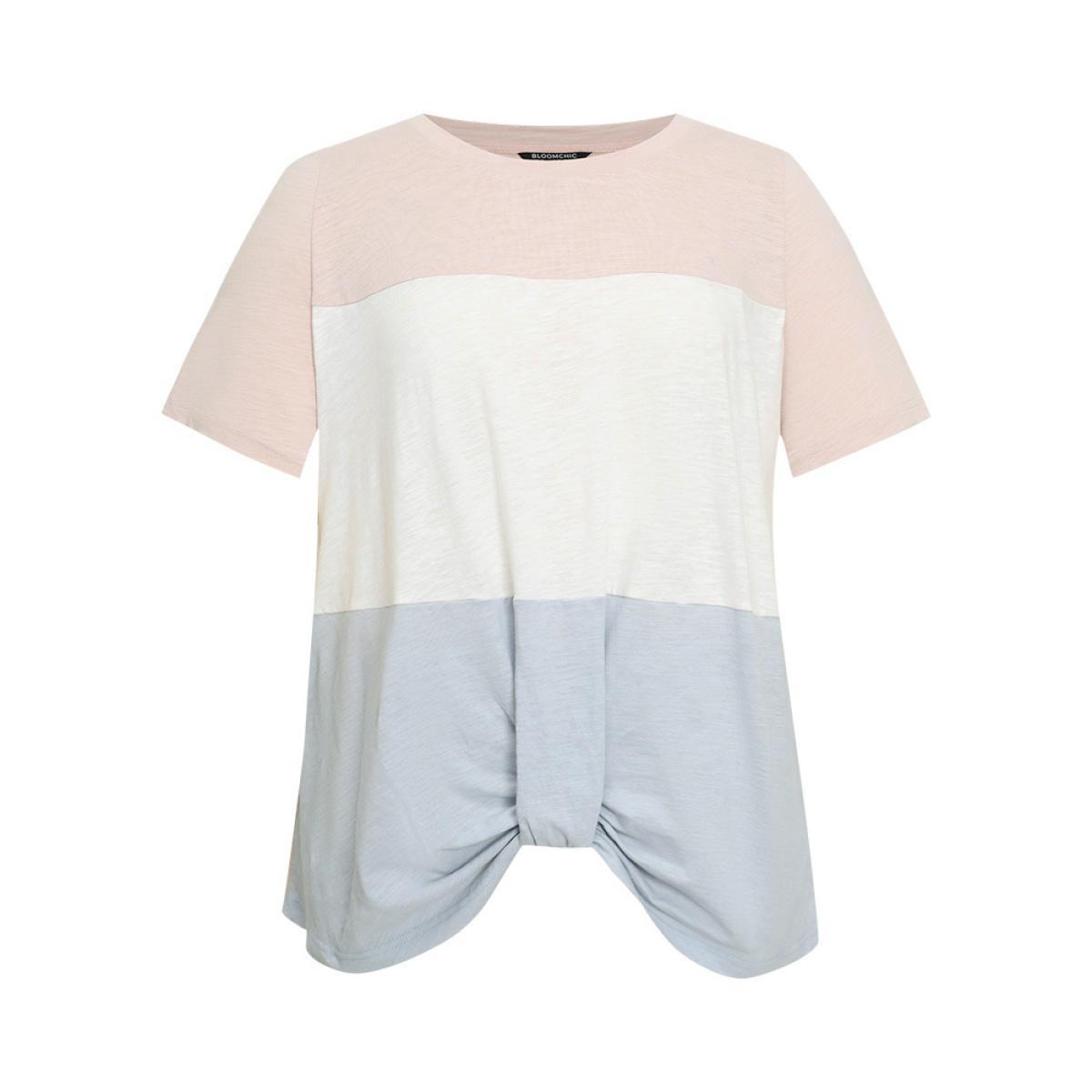 Plus Size Colorblock Contrast Heather Twist Hem T-shirt Multicolor Women Casual Heather Colorblock Round Neck Dailywear T-shirts BloomChic 10/M Product Image