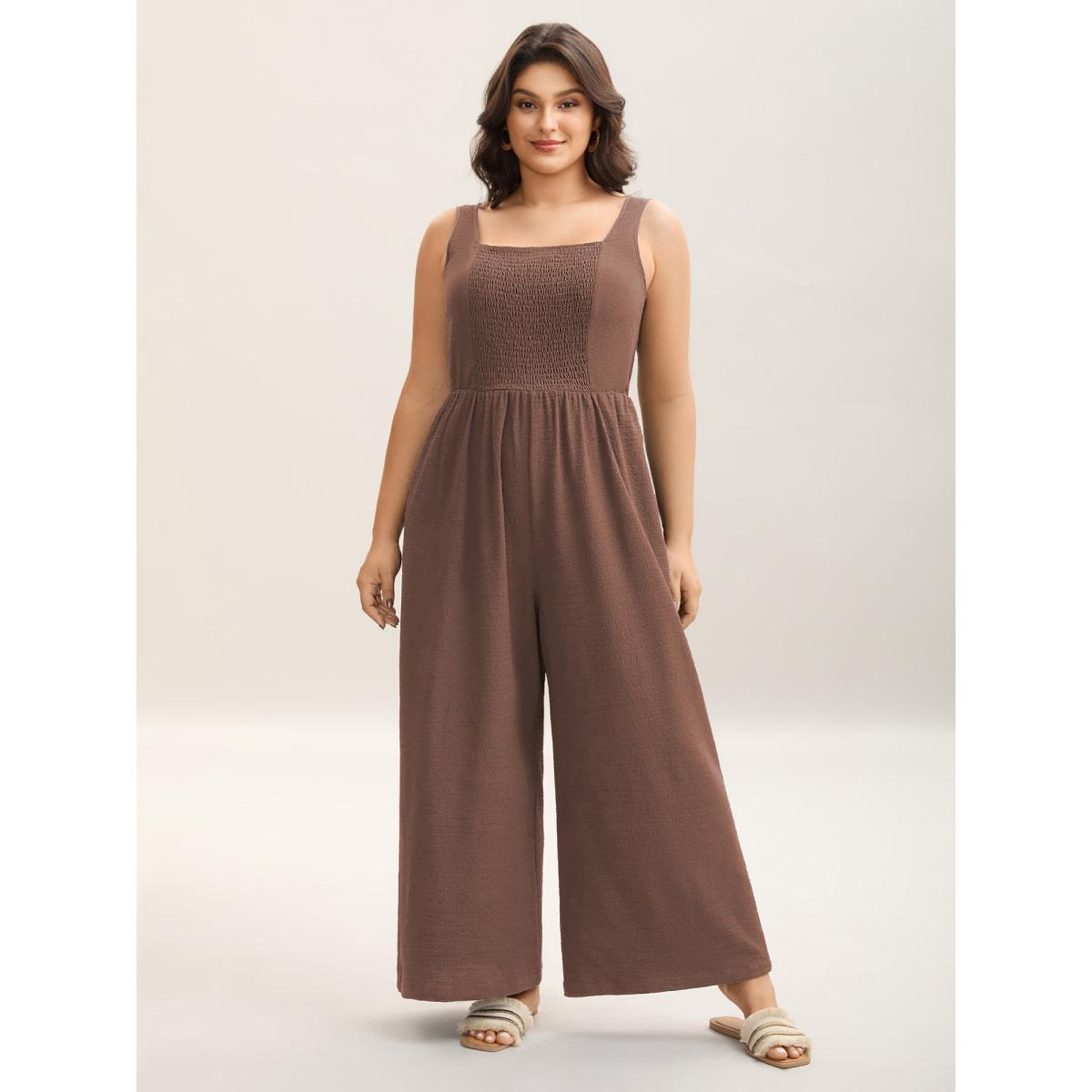Plus Size Browncoffeecolor Shirred Pockets Wide-Leg Plain Jumpsuit Women Sleeveless Non Vacation Loose Jumpsuits BloomChic 18-20/2X Product Image