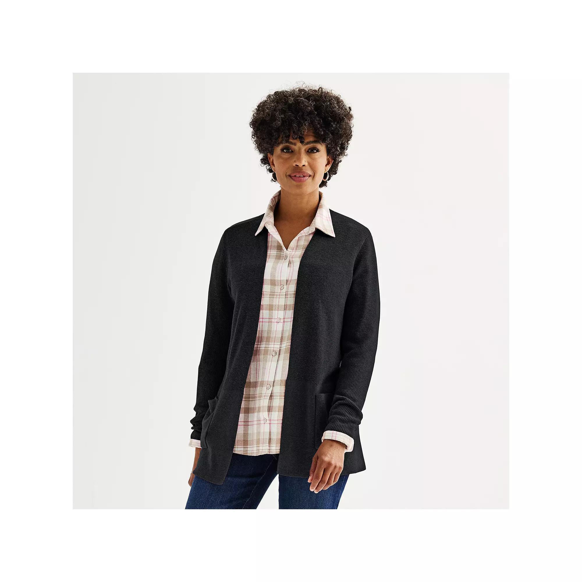 Women's Croft & Barrow® Classic Ribbed Open-Front Cardigan, Size: XS, Mineral Black Product Image