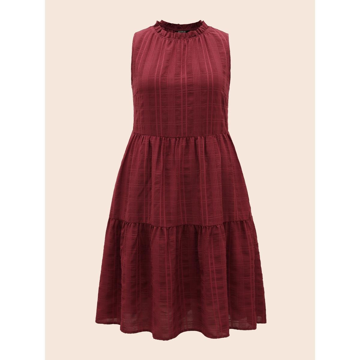Plus Size Plaid Stand Collar Frill Trim Sleeveless Dress Burgundy Women Elegant Texture Stand-up collar Sleeveless Curvy BloomChic 30/6X Product Image