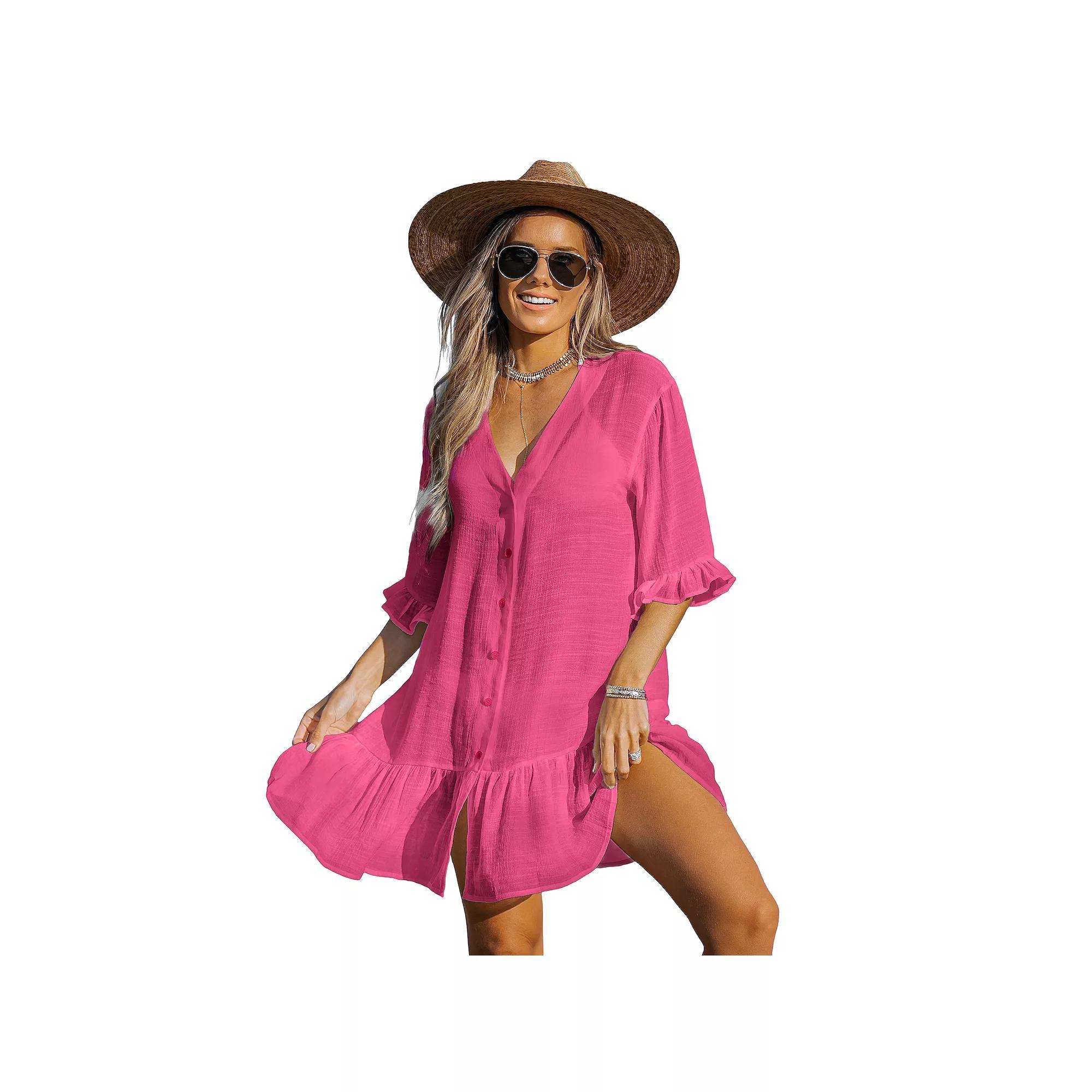 Women's Cupshe Fuchsia Ruffled Cover-Up Dress, Size: XS, Pink Product Image