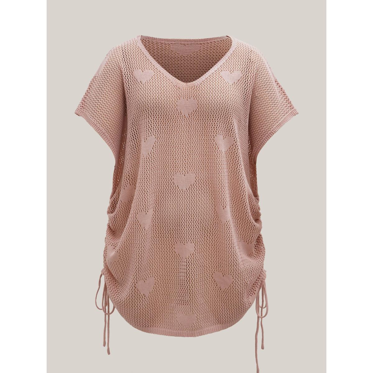 Plus Size Heart Pattern Drawstring Textured Sheer Swim Cover-Up Women's Swimwear Nudepink Beach Loose Texture Curve Swim Cover Ups BloomChic 12/L Product Image