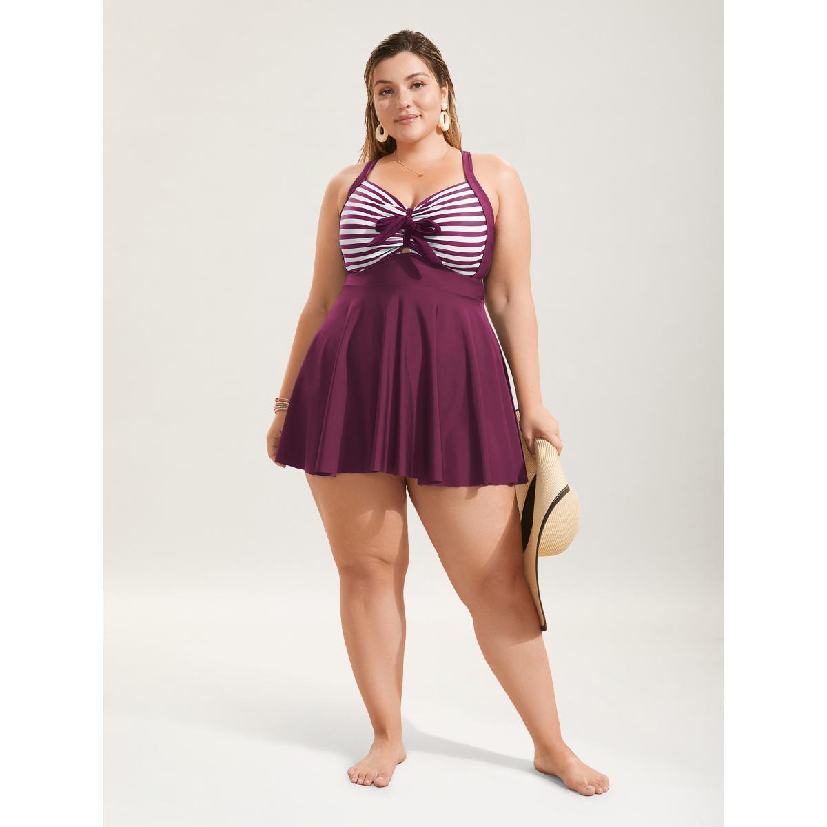 Plus Size Stripes Patchwork Tie Knot Cross Straps Swim Dress Women's Swimwear Deeppurplered Beach Bodycon Heart neckline High stretch Curve Swim Dresses BloomChic 12/L Product Image