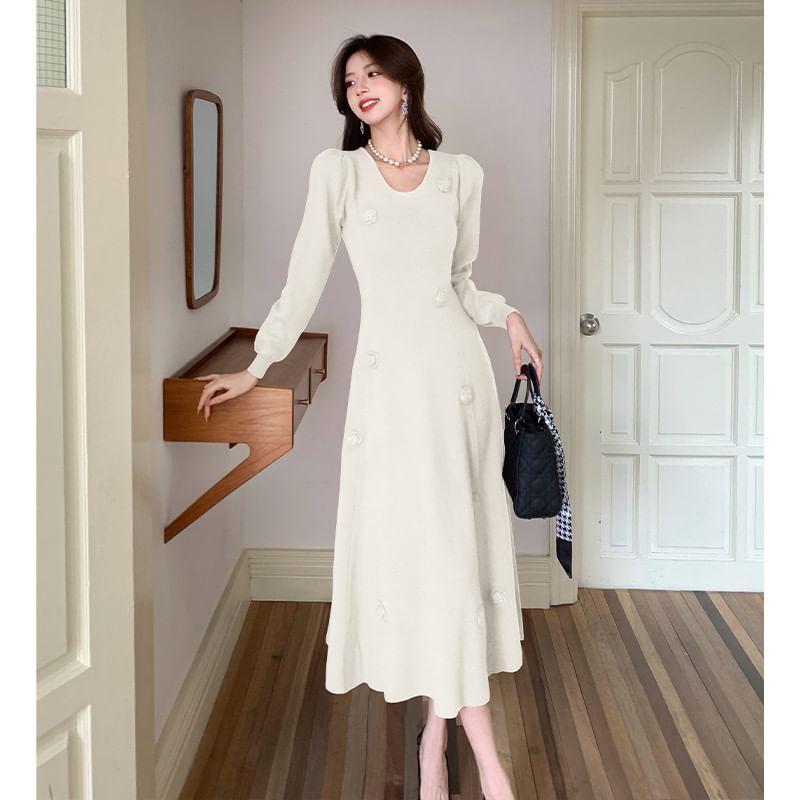 Long-Sleeve Scoop Neck Plain Flower Detail Maxi A-Line Dress Product Image