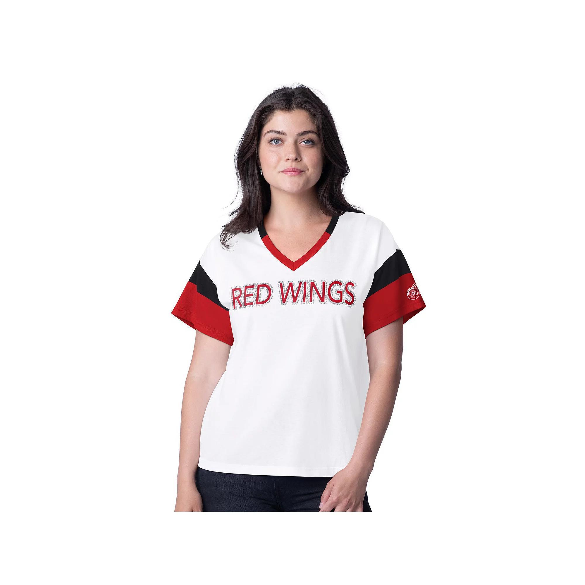 Women's G-III 4Her by Carl Banks  White Detroit Red Wings Rink Oversized Rhinestone V-Neck T-Shirt, Size: Small Product Image