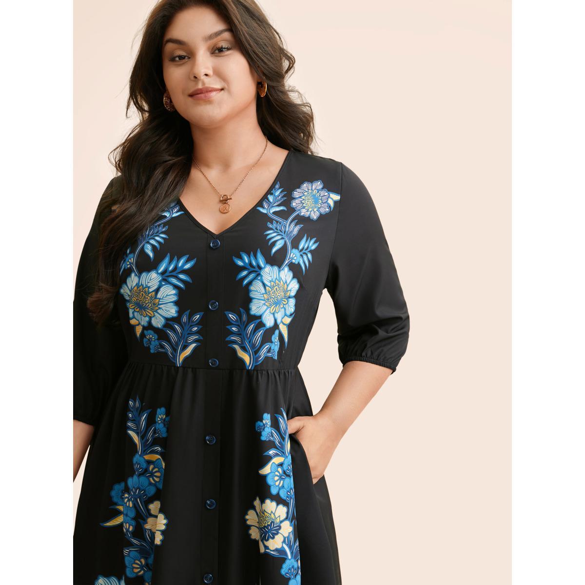 Plus Size Boho Print Lantern Sleeve Midi Dress BlackFlower Women Elegant Button V-neck Elbow-length sleeve Curvy BloomChic 14-16/1X Product Image
