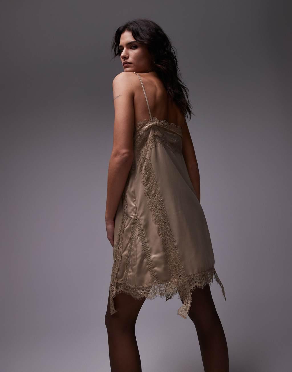 Topshop lace trim mini dress in satin soft gold Product Image