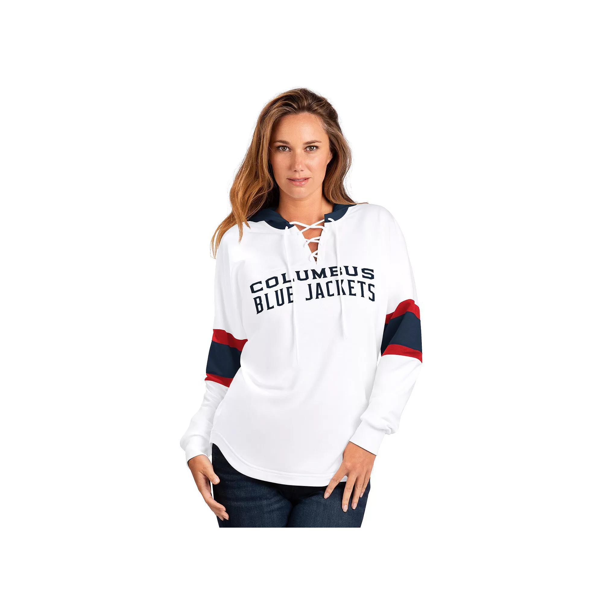 Women's G-III 4Her by Carl Banks  White Columbus Blue Jackets Goal Zone Long Sleeve Lace-Up Hoodie T-Shirt, Size: Medium Product Image