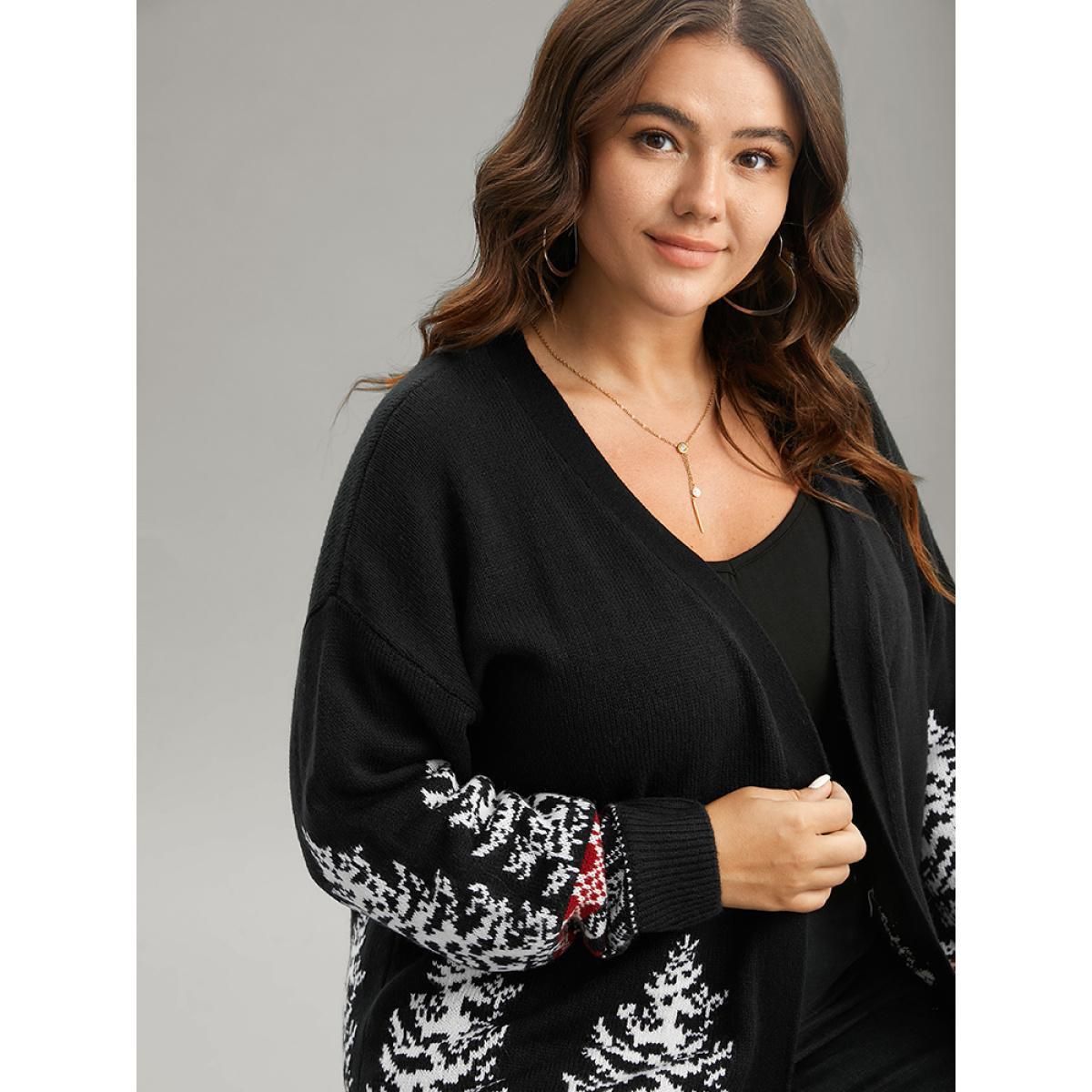 Plus Size Christmas Trees Contrast Cardigan Black Women Casual Loose Long Sleeve Festival-Christmas Cardigans BloomChic 30/6X Product Image