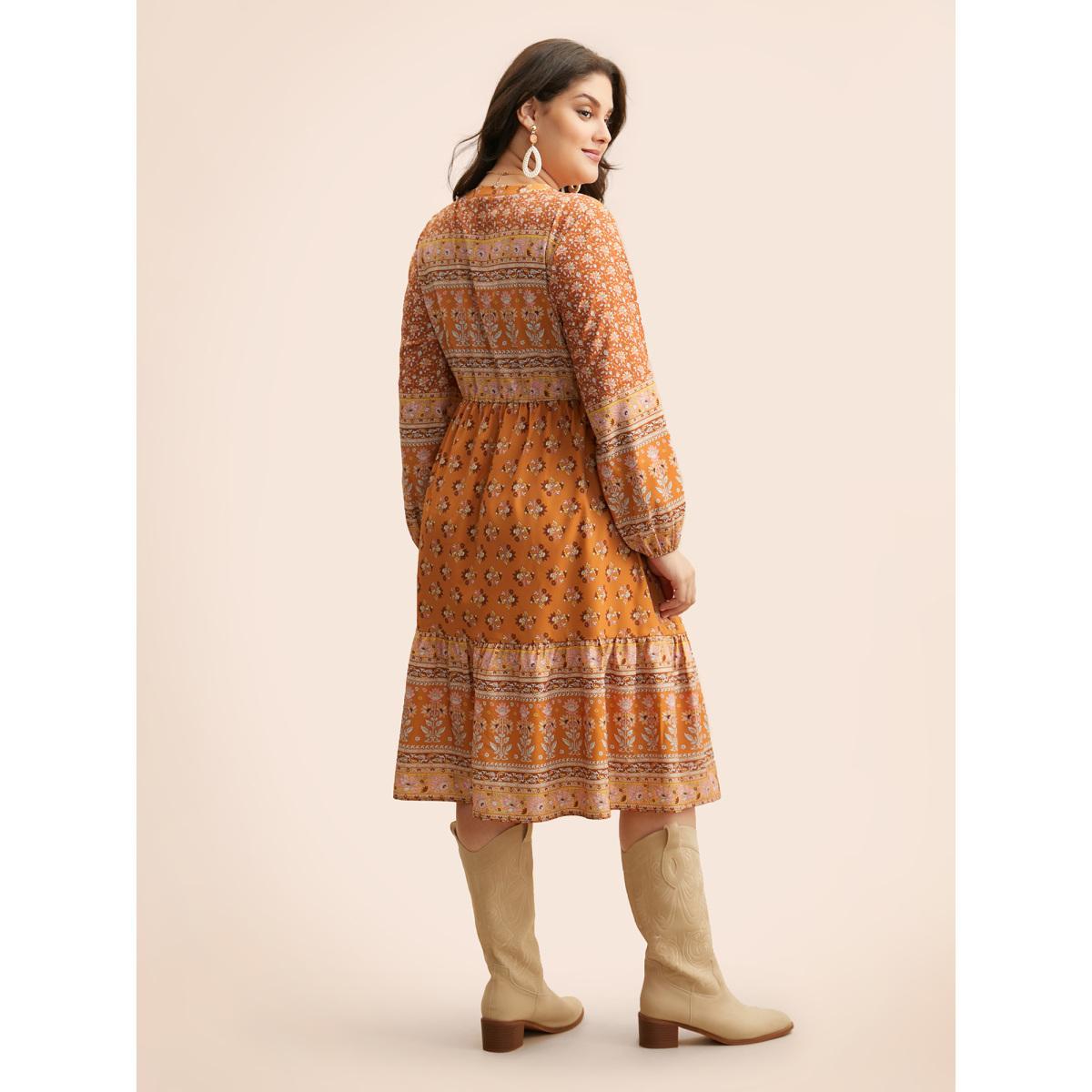 Plus Size Boho Print Tie Knot Midi Dress Turmeric Women Resort Tie knot V-neck Long Sleeve Curvy BloomChic 30/6X Product Image