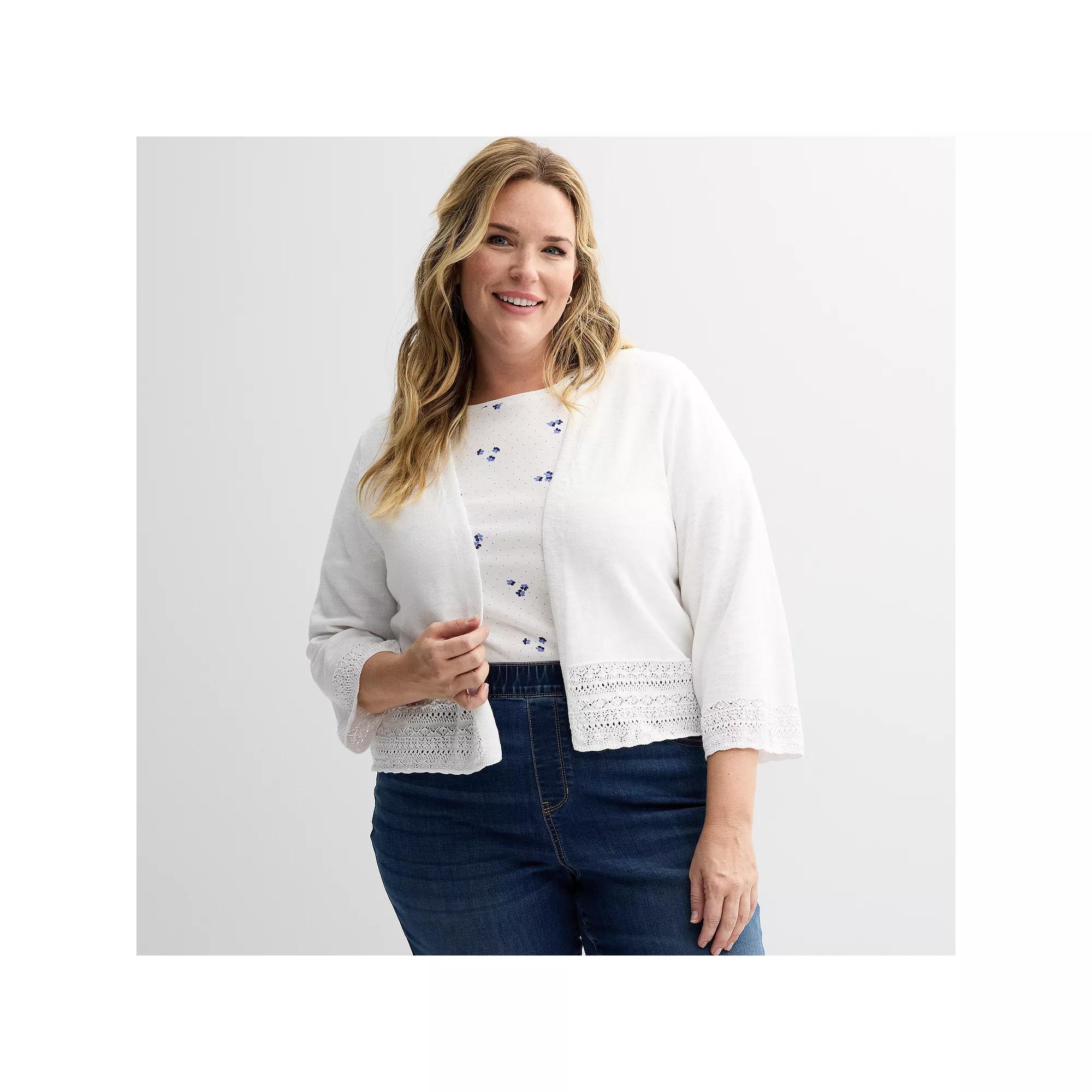 Plus Size Croft & Barrow® Pointelle Hem Open Front Cardigan, Women's, Size: 2XL, White Product Image