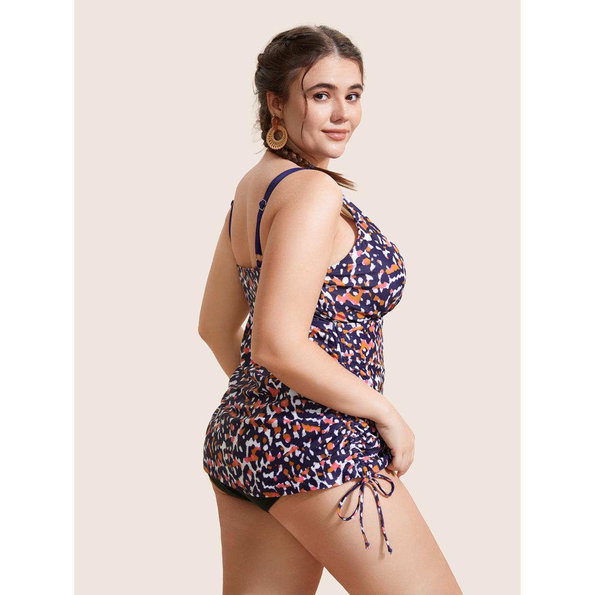 Plus Size Leopard Print Contrast Drawstring Swim Top Women's Swimwear Midnight Beach Contrast High stretch Bodycon V-neck Curve Swim Tops BloomChic 10/M Product Image