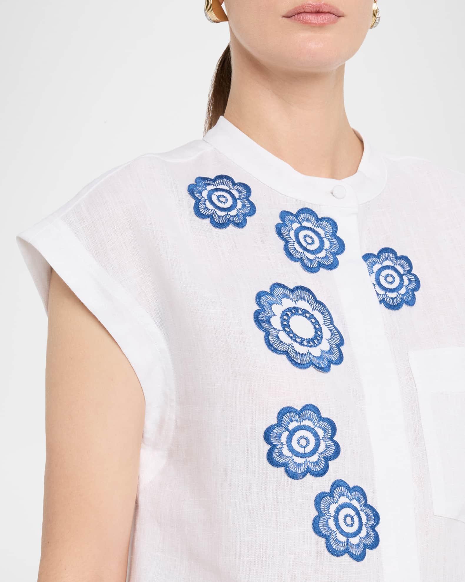 Adele Flower Embroidered Cap-Sleeve Linen Blouse Product Image