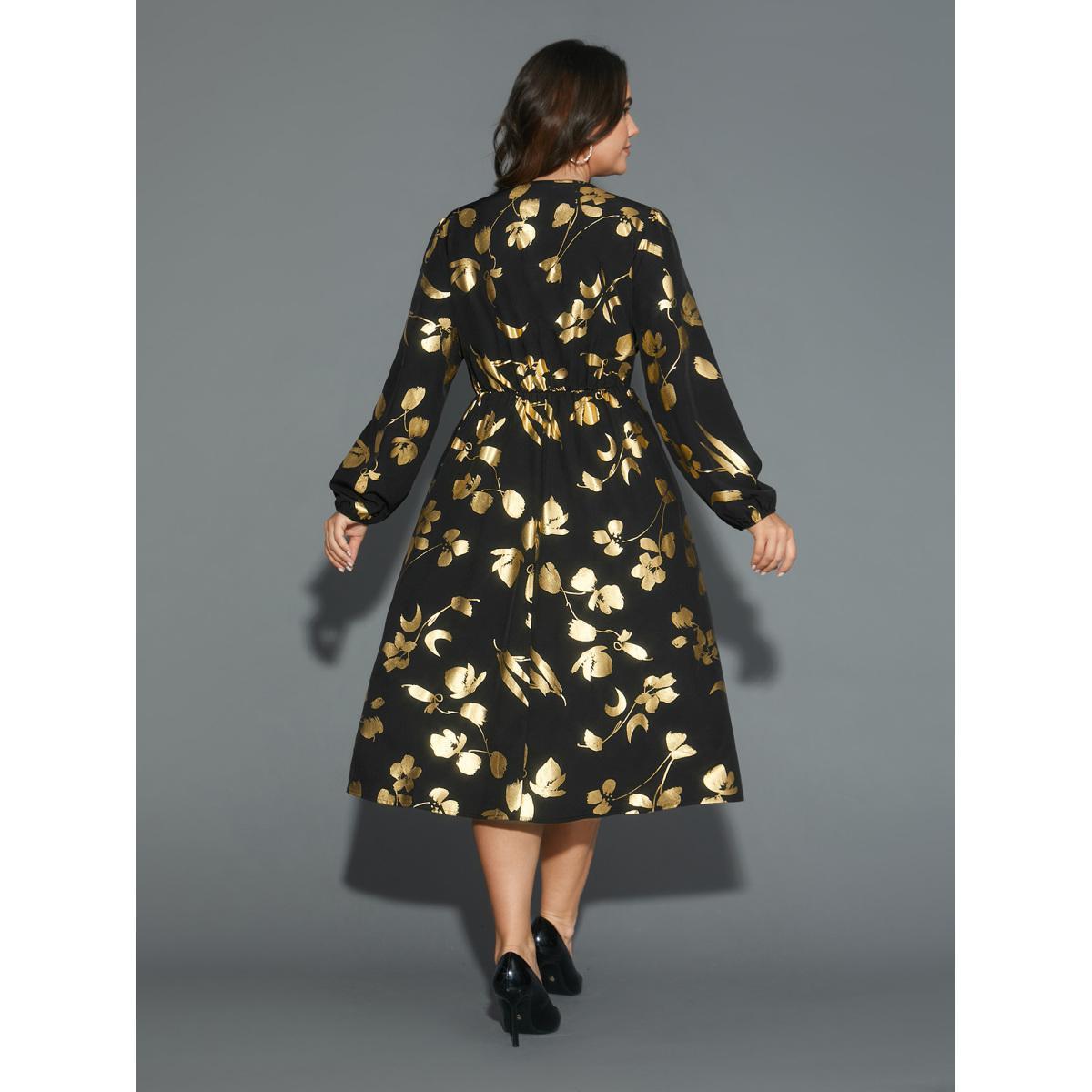 Plus Size Glitter Silhouette Floral Print Elastic Waist Dress BlackFlower Women Cocktail Non Party Curvy Bloomchic 10/M Product Image