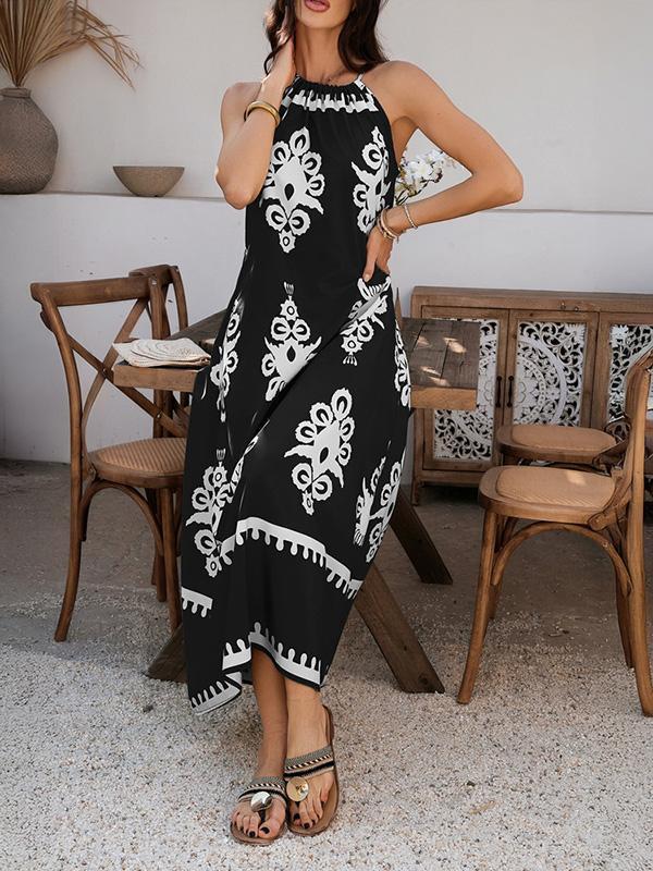 A-Line Loose Contrast Color Halter-Neck Maxi Dresses Product Image