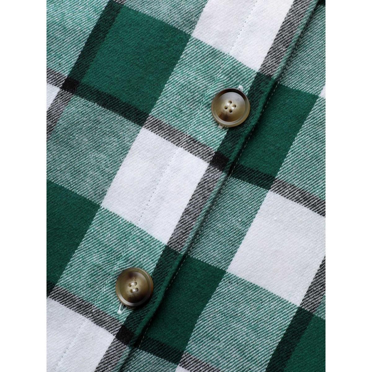 Plus Size Plaid Patched Pocket Arc Hem Jacket Women DarkGreen Button Loose Side seam pocket Everyday Jackets BloomChic 28/5X Product Image